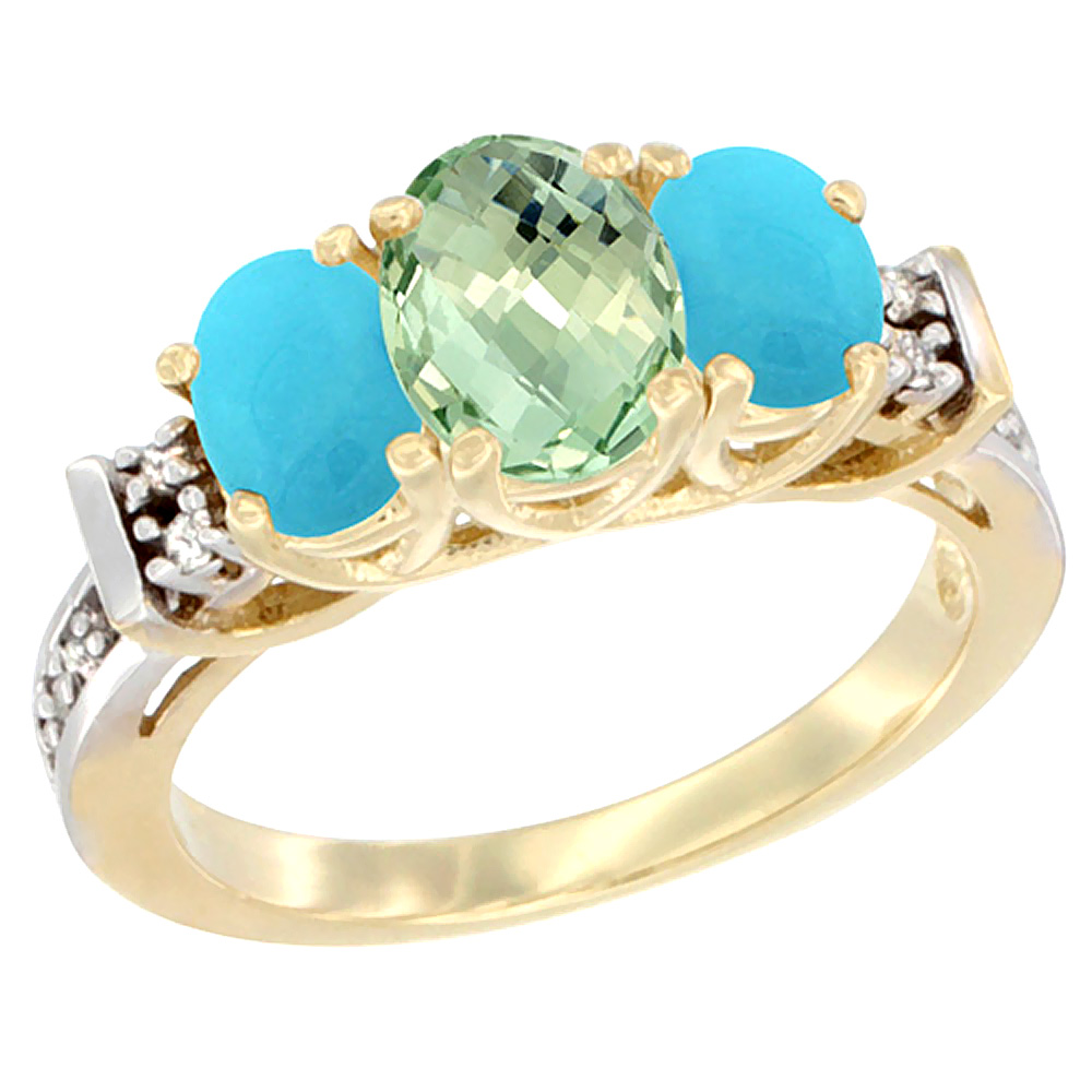 14K Yellow Gold Natural Green Amethyst & Turquoise Ring 3-Stone Oval Diamond Accent