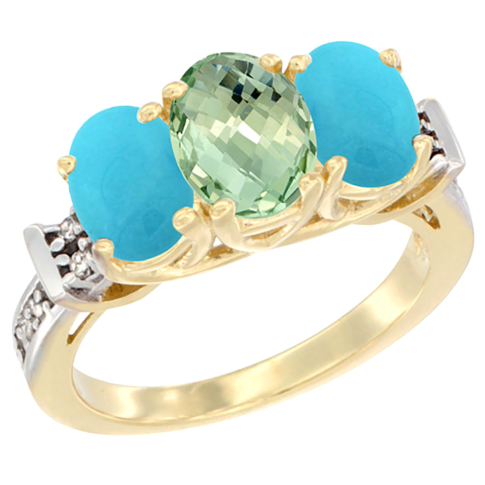 14K Yellow Gold Natural Green Amethyst & Turquoise Sides Ring 3-Stone Oval Diamond Accent, sizes 5 - 10