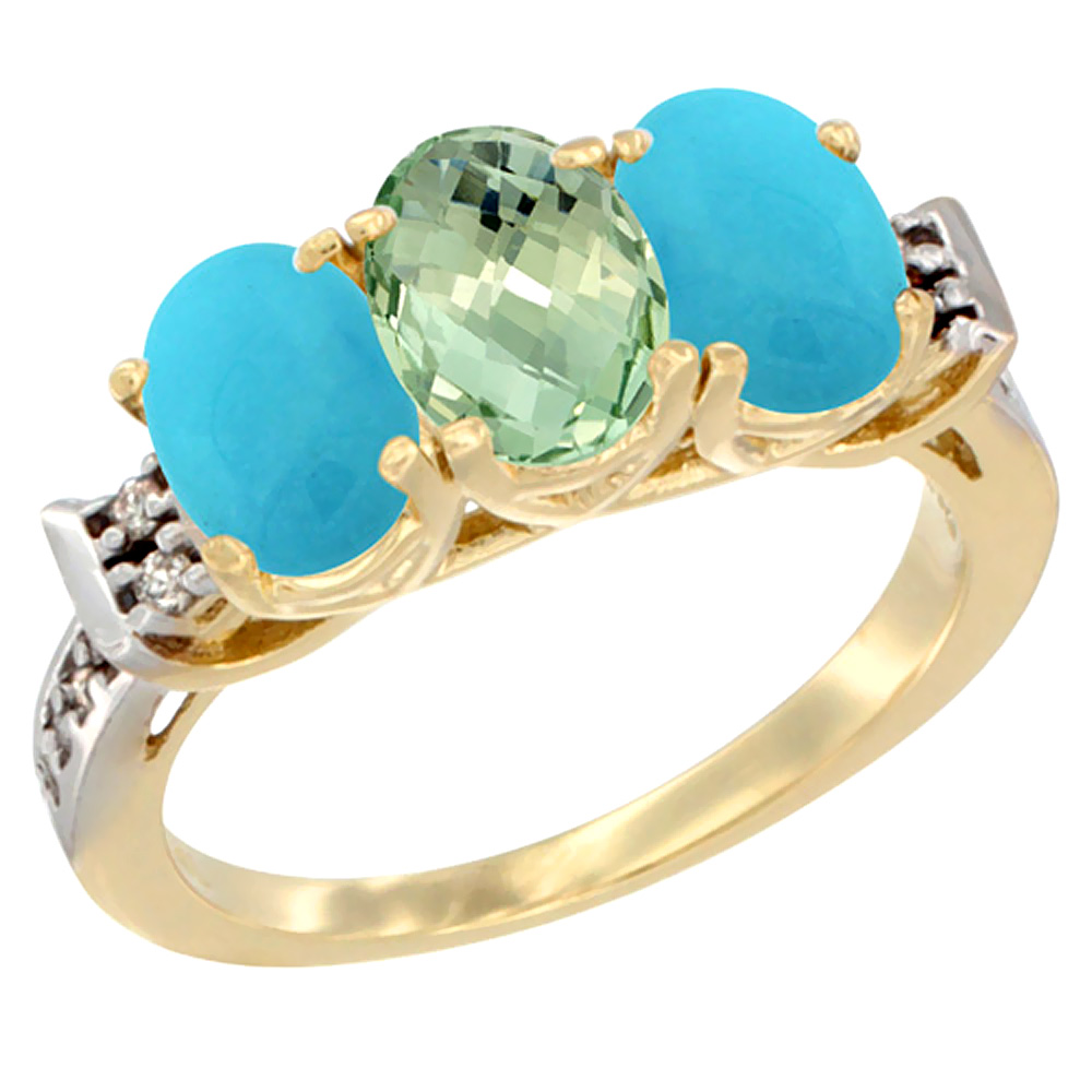 14K Yellow Gold Natural Green Amethyst &amp; Turquoise Sides Ring 3-Stone Oval 7x5 mm Diamond Accent, sizes 5 - 10