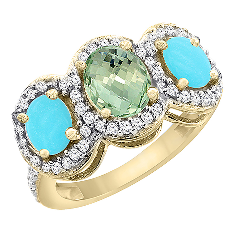 14K Yellow Gold Natural Green Amethyst &amp; Turquoise 3-Stone Ring Oval Diamond Accent, sizes 5 - 10