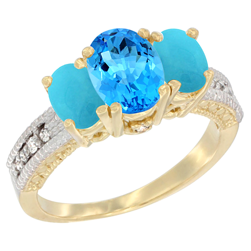 14K Yellow Gold Diamond Natural Swiss Blue Topaz Ring Oval 3-stone with Turquoise, sizes 5 - 10