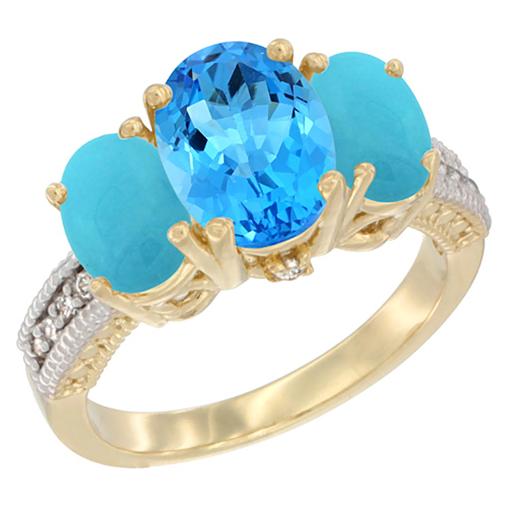 14K Yellow Gold Diamond Natural Swiss Blue Topaz Ring 3-Stone Oval 8x6mm with Turquoise, sizes5-10