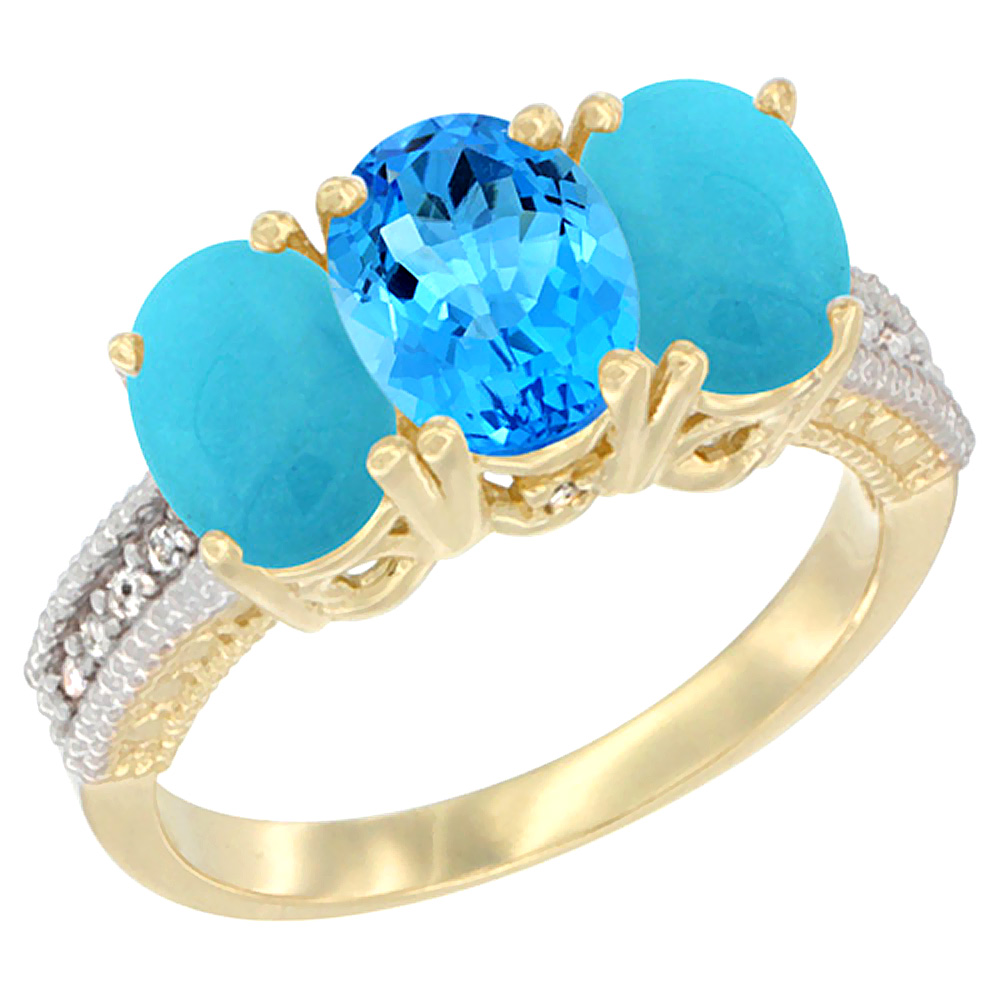 14K Yellow Gold Natural Swiss Blue Topaz & Turquoise Sides Ring 3-Stone 7x5 mm Oval Diamond Accent, sizes 5 - 10