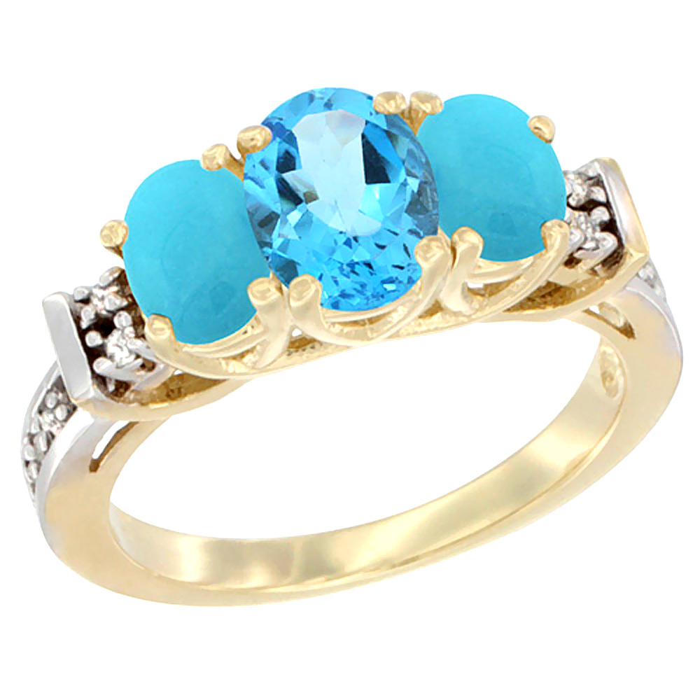 10K Yellow Gold Natural Swiss Blue Topaz &amp; Turquoise Ring 3-Stone Oval Diamond Accent
