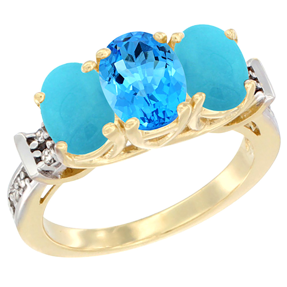 14K Yellow Gold Natural Swiss Blue Topaz & Turquoise Sides Ring 3-Stone Oval Diamond Accent, sizes 5 - 10