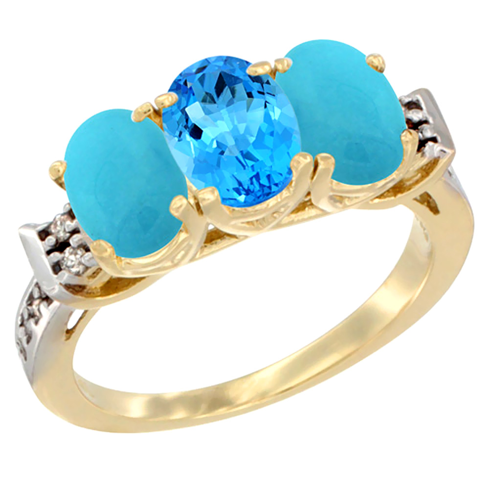 14K Yellow Gold Natural Swiss Blue Topaz &amp; Turquoise Sides Ring 3-Stone Oval 7x5 mm Diamond Accent, sizes 5 - 10
