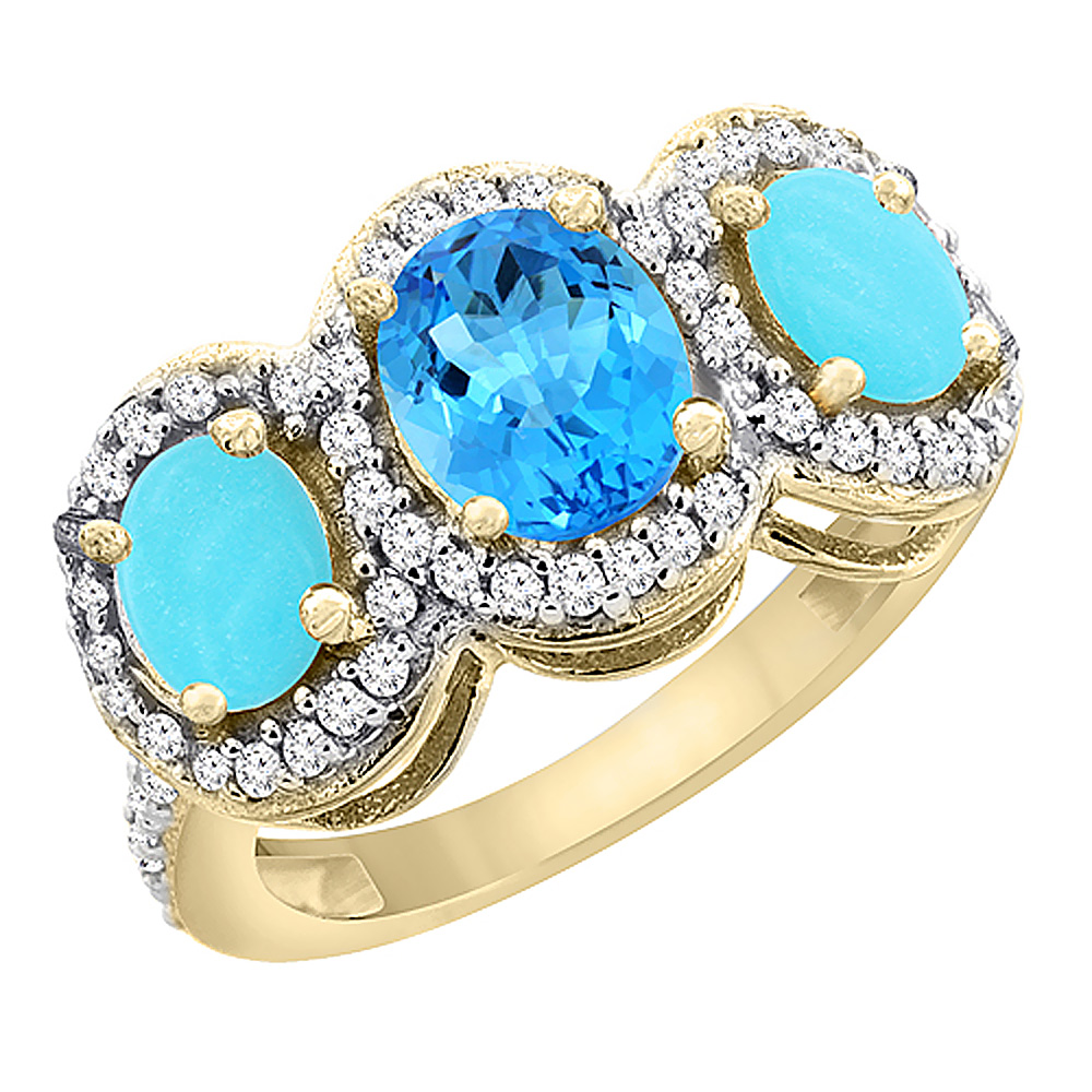 10K Yellow Gold Natural Swiss Blue Topaz &amp; Turquoise 3-Stone Ring Oval Diamond Accent, sizes 5 - 10