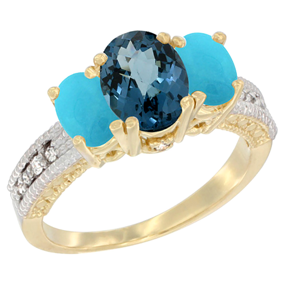 14K Yellow Gold Diamond Natural London Blue Topaz Ring Oval 3-stone with Turquoise, sizes 5 - 10
