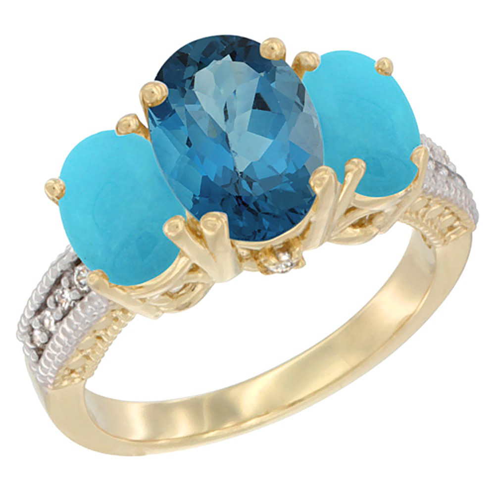 14K Yellow Gold Diamond Natural London Blue Topaz Ring 3-Stone Oval 8x6mm with Turquoise, sizes5-10