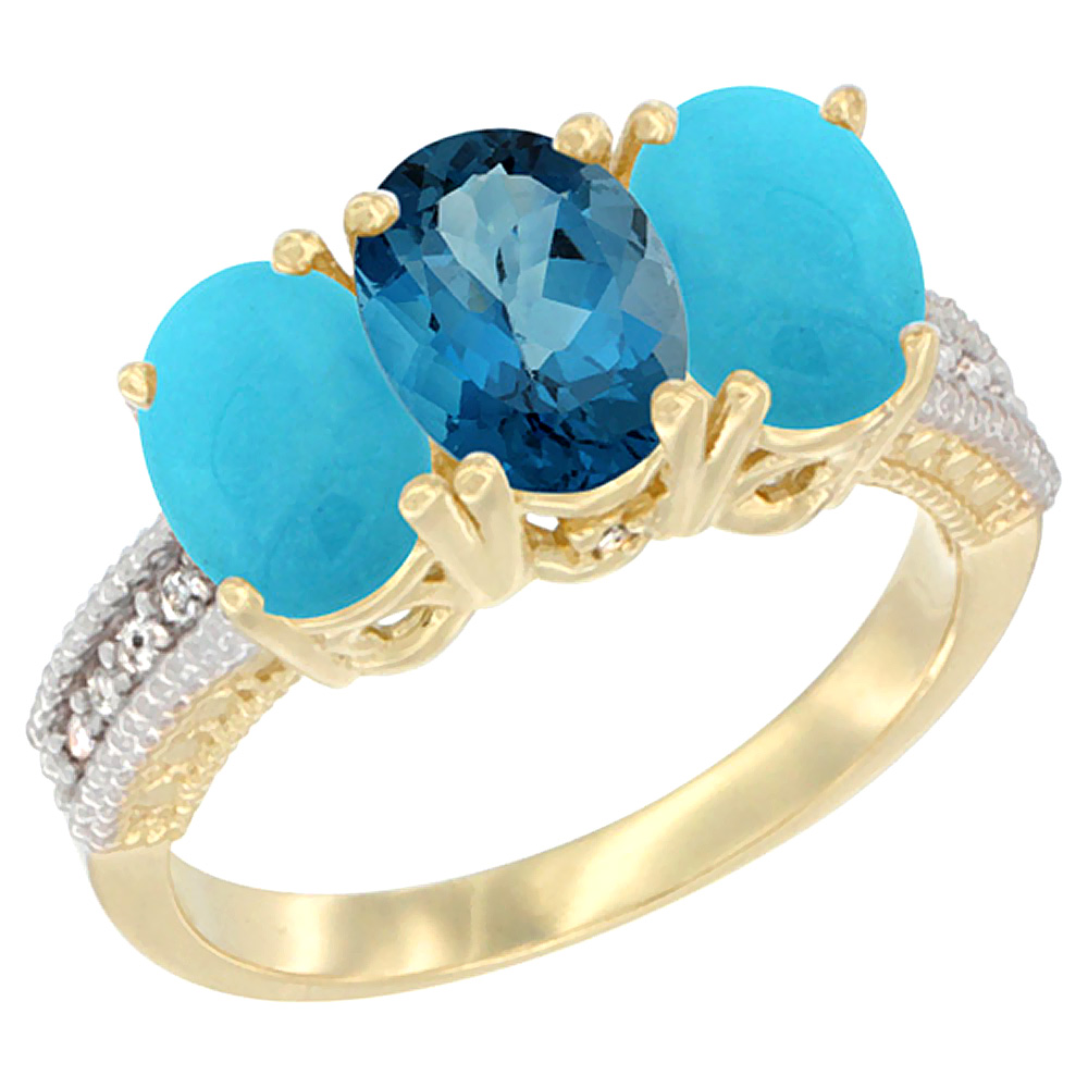 14K Yellow Gold Natural London Blue Topaz &amp; Turquoise Sides Ring 3-Stone 7x5 mm Oval Diamond Accent, sizes 5 - 10