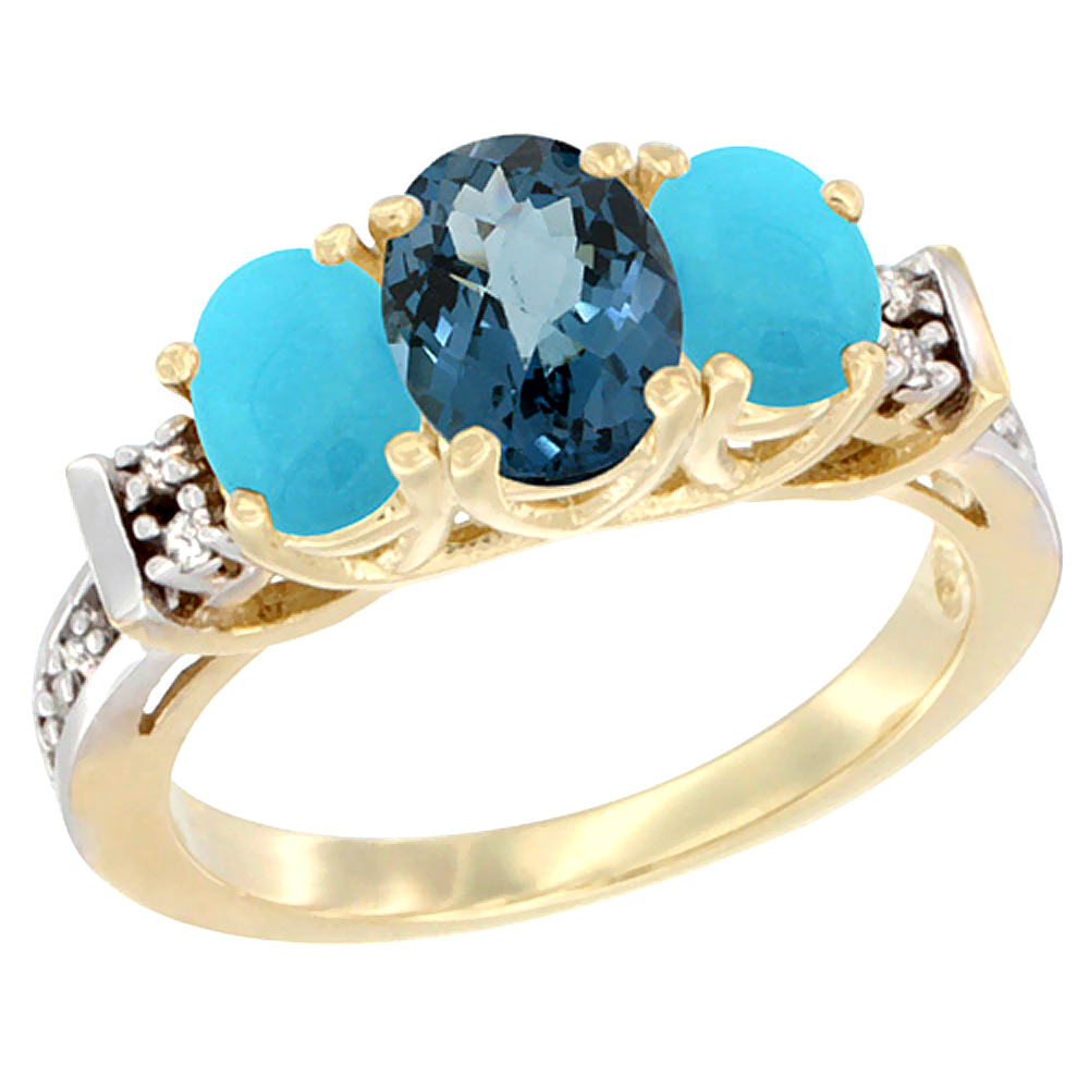 14K Yellow Gold Natural London Blue Topaz & Turquoise Ring 3-Stone Oval Diamond Accent