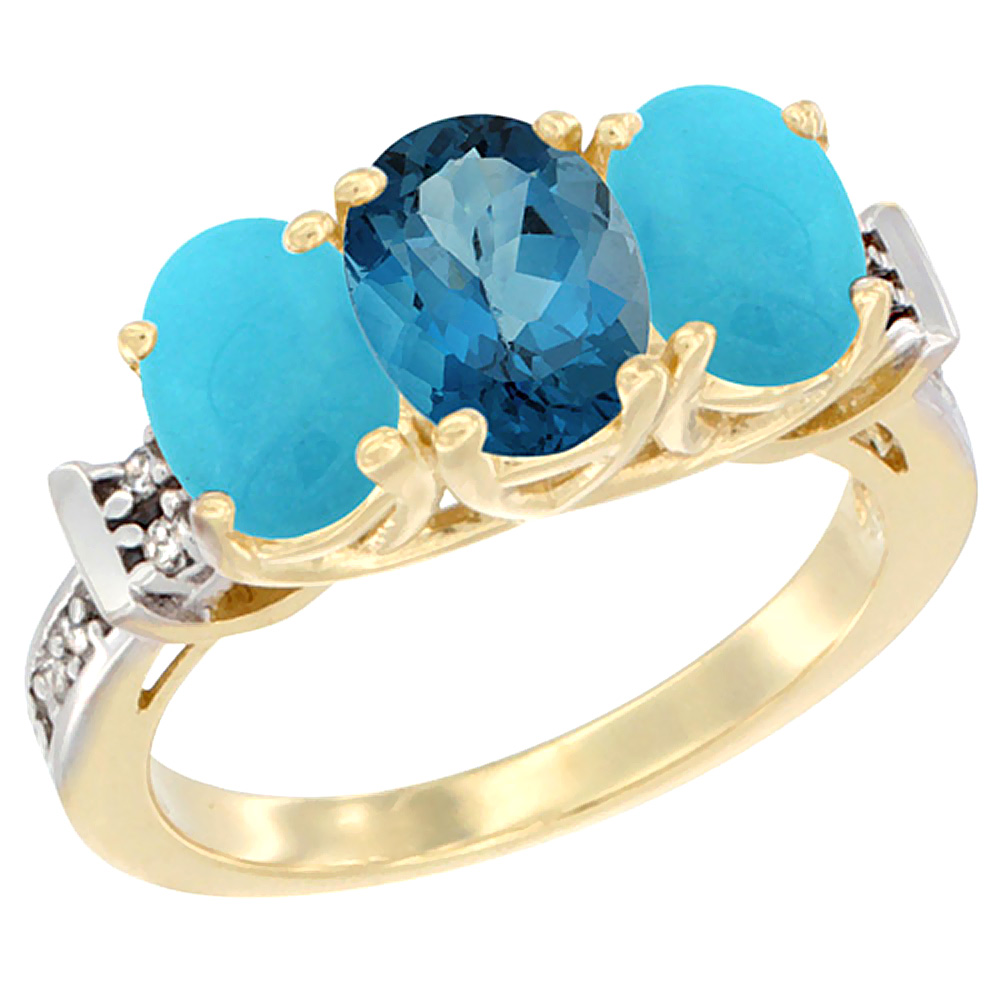 14K Yellow Gold Natural London Blue Topaz & Turquoise Sides Ring 3-Stone Oval Diamond Accent, sizes 5 - 10