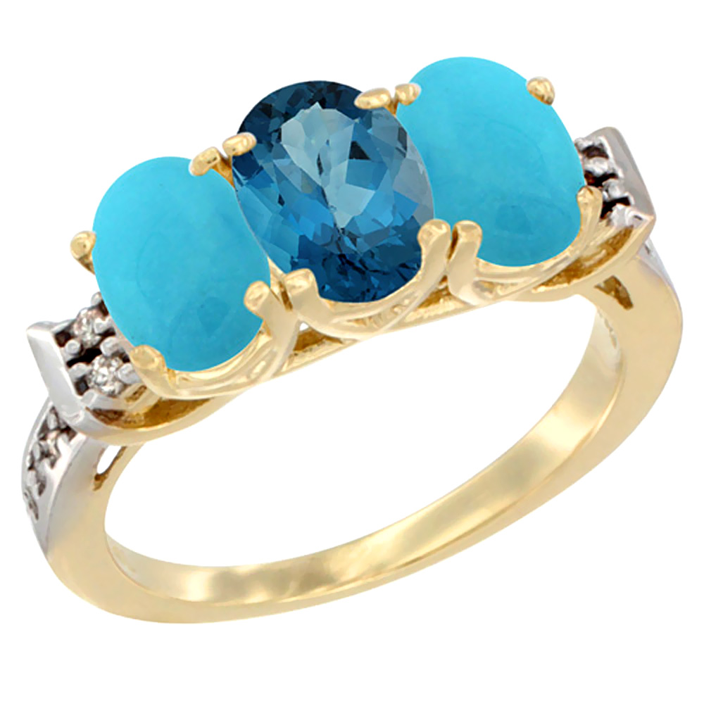 10K Yellow Gold Natural London Blue Topaz & Turquoise Sides Ring 3-Stone Oval 7x5 mm Diamond Accent, sizes 5 - 10