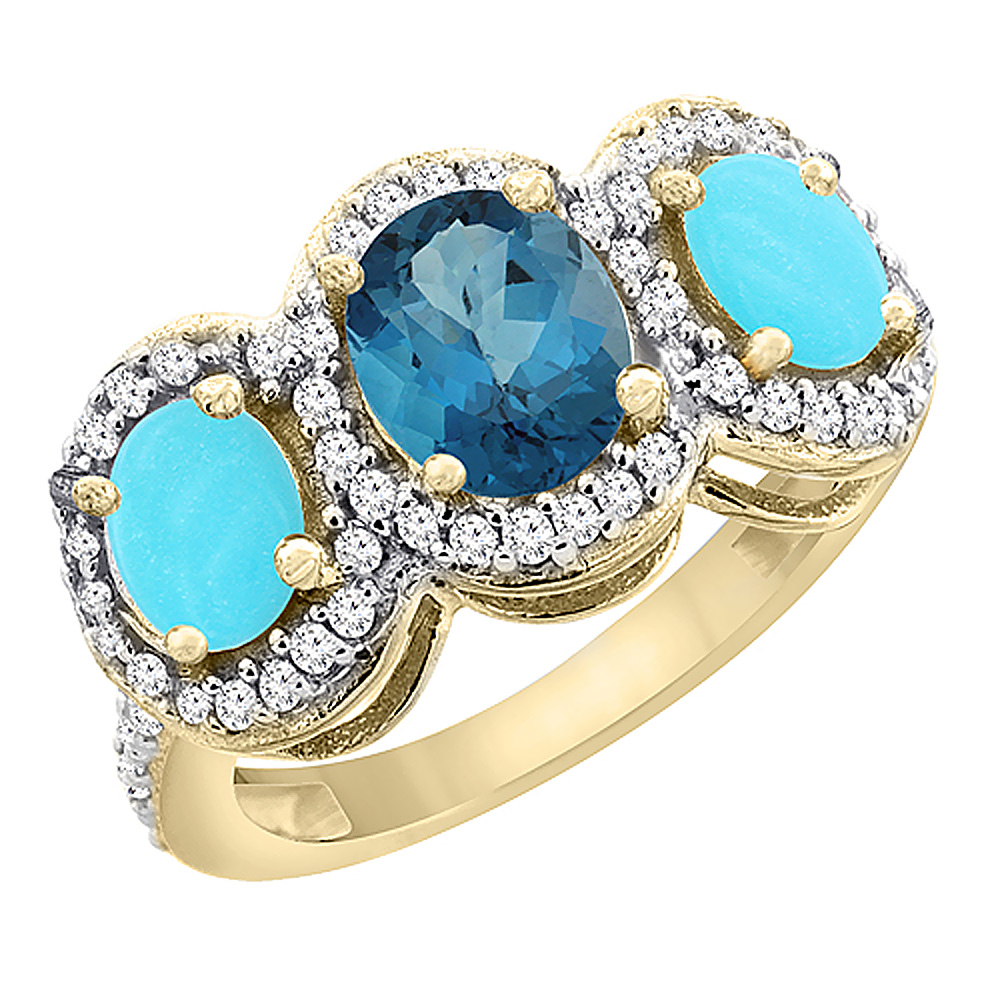 14K Yellow Gold Natural London Blue Topaz &amp; Turquoise 3-Stone Ring Oval Diamond Accent, sizes 5 - 10
