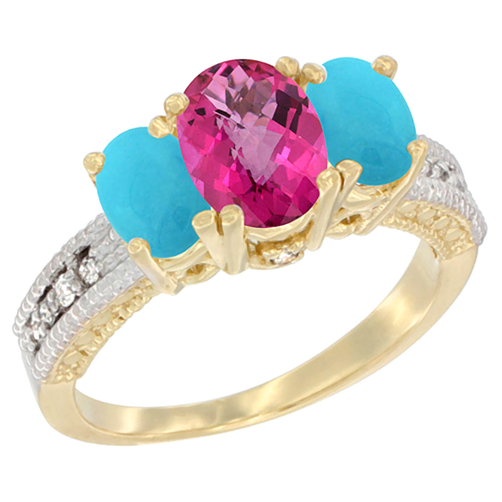 10K Yellow Gold Diamond Natural Pink Topaz Ring Oval 3-stone with Turquoise, sizes 5 - 10