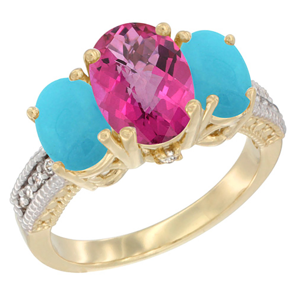 14K Yellow Gold Diamond Natural Pink Topaz Ring 3-Stone Oval 8x6mm with Turquoise, sizes5-10