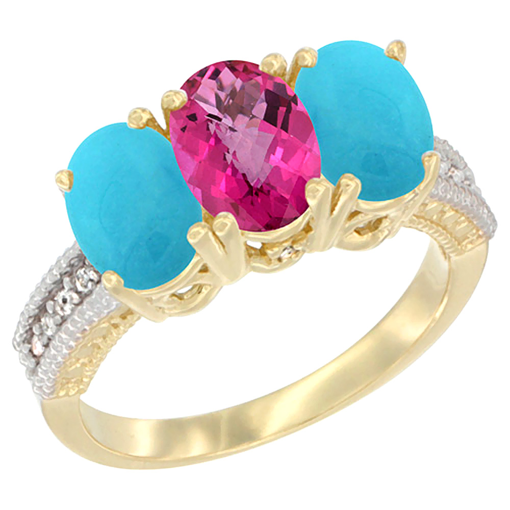 14K Yellow Gold Natural Pink Topaz & Turquoise Sides Ring 3-Stone 7x5 mm Oval Diamond Accent, sizes 5 - 10