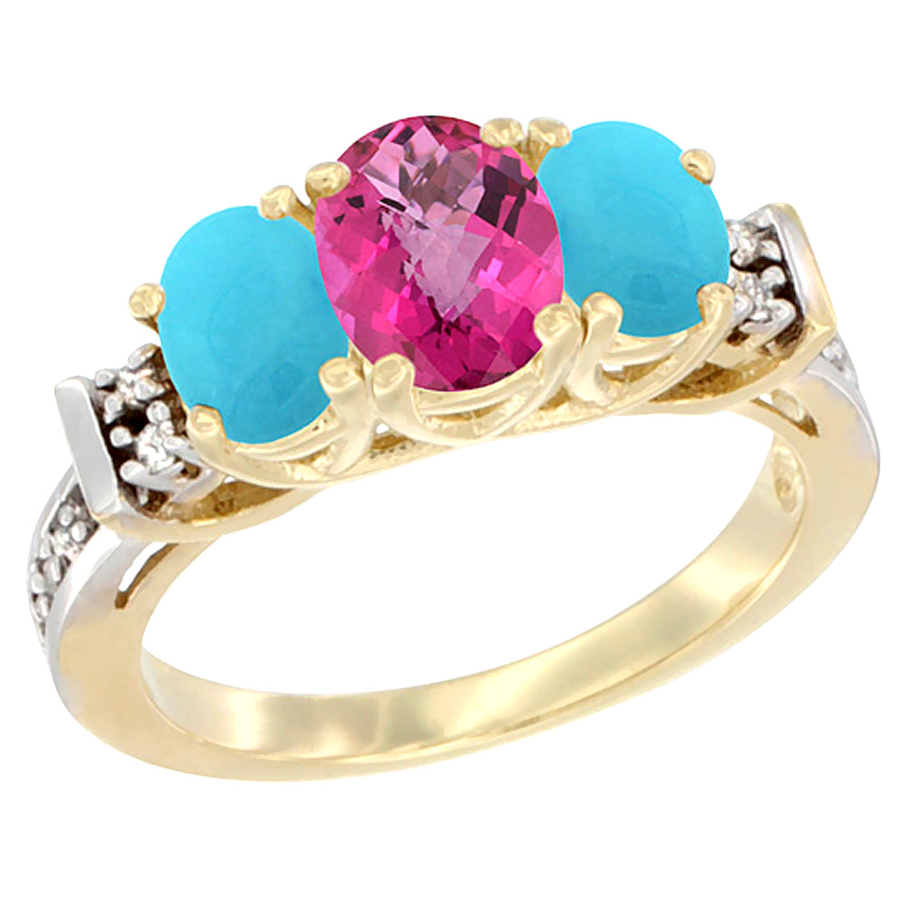 14K Yellow Gold Natural Pink Topaz & Turquoise Ring 3-Stone Oval Diamond Accent