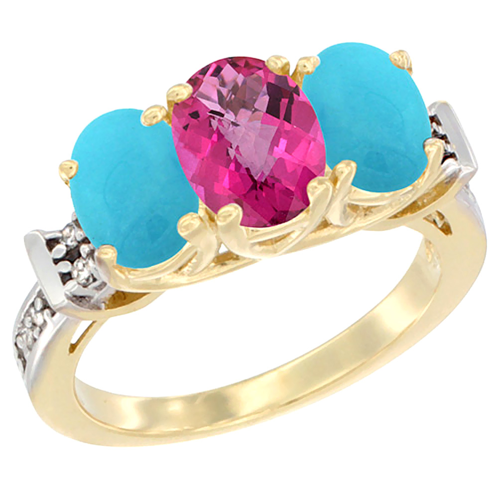 10K Yellow Gold Natural Pink Topaz & Turquoise Sides Ring 3-Stone Oval Diamond Accent, sizes 5 - 10