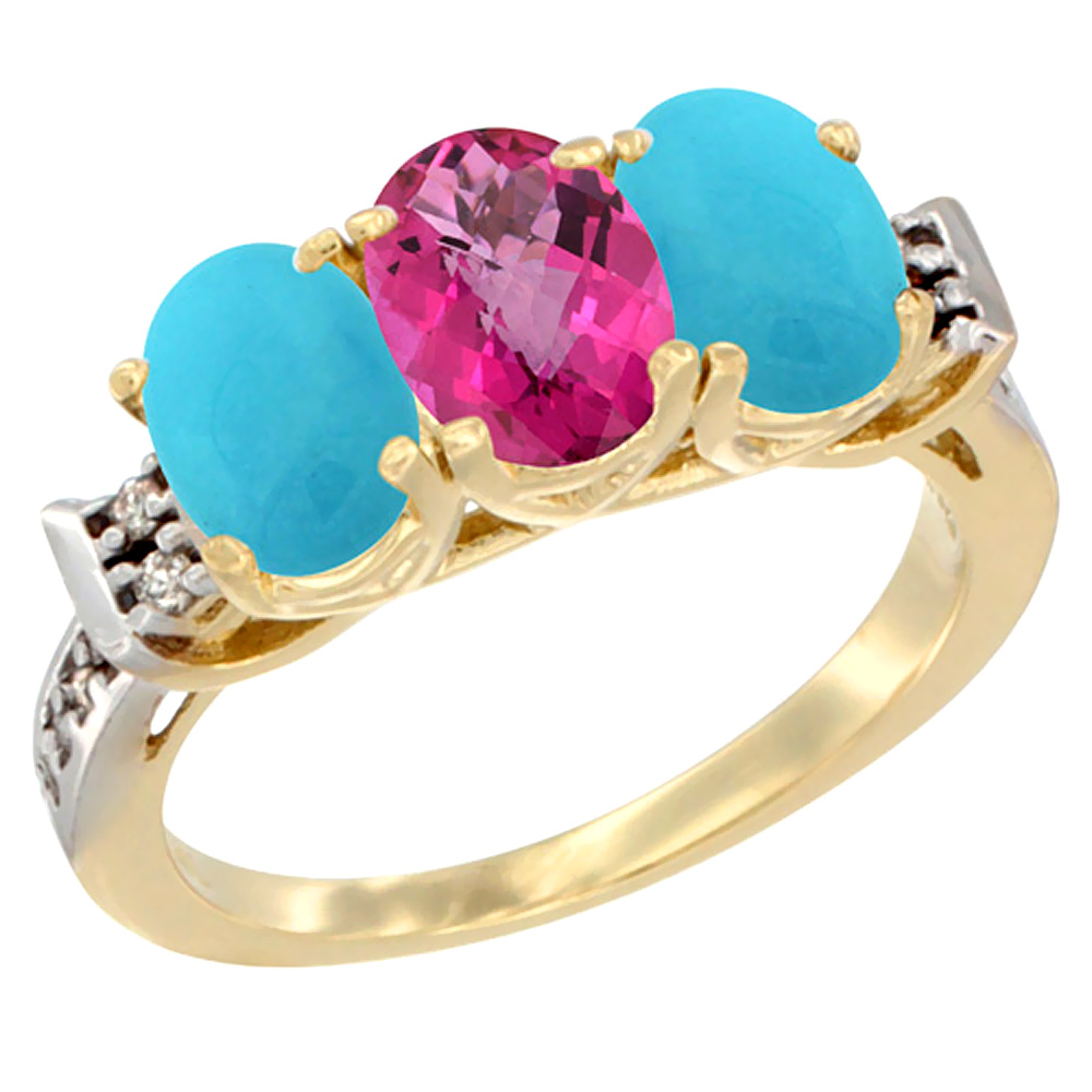 10K Yellow Gold Natural Pink Topaz &amp; Turquoise Sides Ring 3-Stone Oval 7x5 mm Diamond Accent, sizes 5 - 10