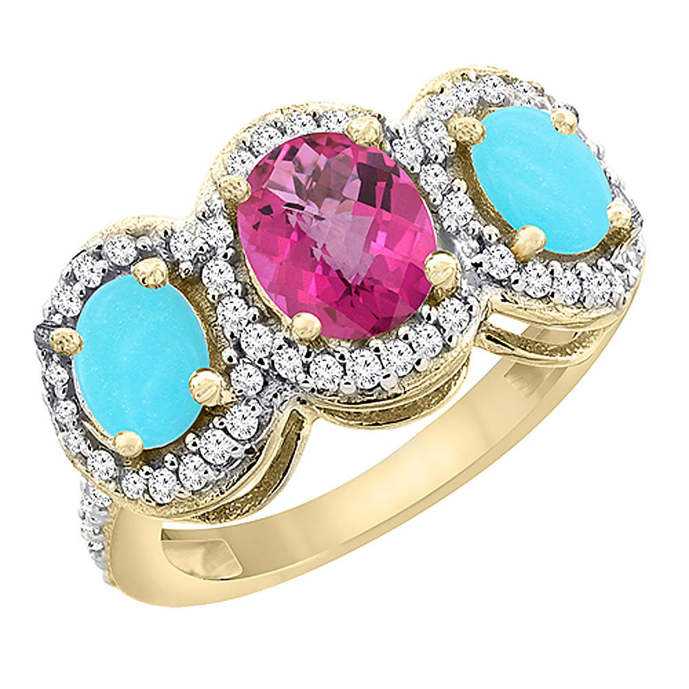 10K Yellow Gold Natural Pink Topaz & Turquoise 3-Stone Ring Oval Diamond Accent, sizes 5 - 10