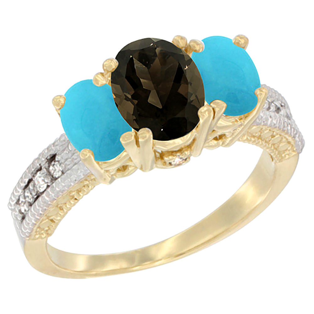 14K Yellow Gold Diamond Natural Smoky Topaz Ring Oval 3-stone with Turquoise, sizes 5 - 10