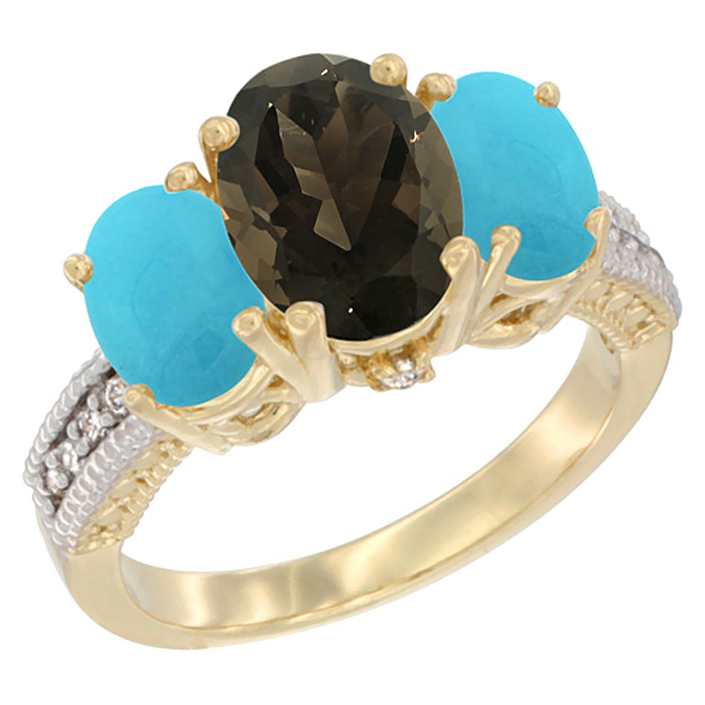 14K Yellow Gold Diamond Natural Smoky Topaz Ring 3-Stone Oval 8x6mm with Turquoise, sizes5-10
