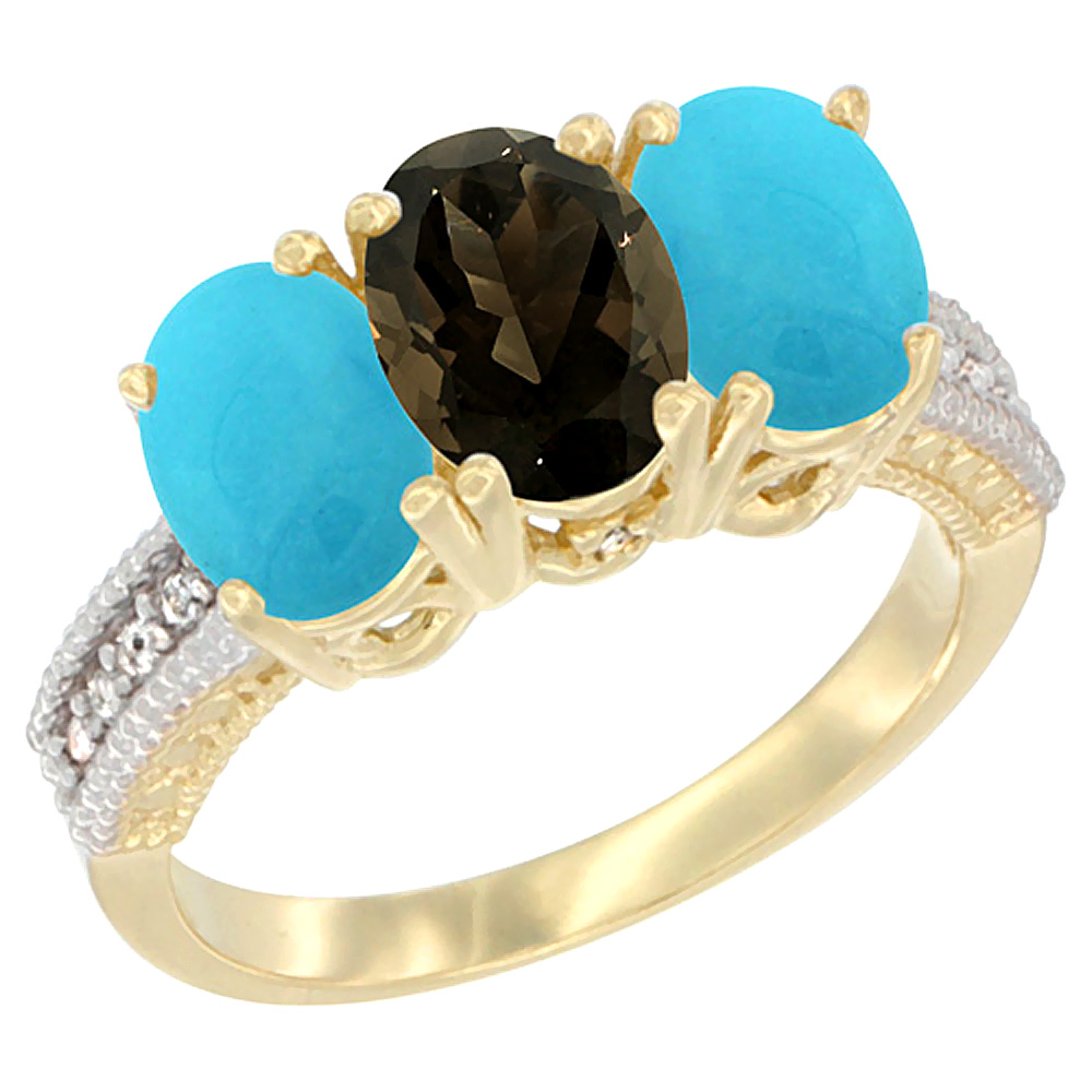 14K Yellow Gold Natural Smoky Topaz &amp; Turquoise Sides Ring 3-Stone 7x5 mm Oval Diamond Accent, sizes 5 - 10
