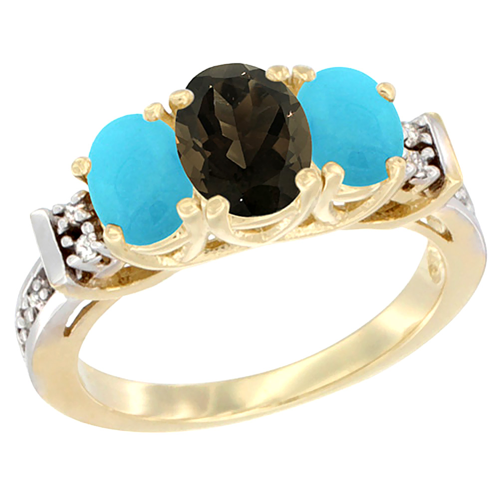 14K Yellow Gold Natural Smoky Topaz &amp; Turquoise Ring 3-Stone Oval Diamond Accent