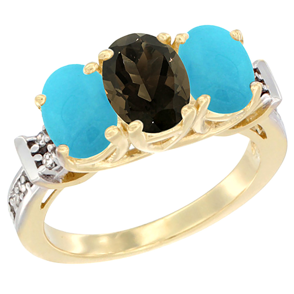 14K Yellow Gold Natural Smoky Topaz & Turquoise Sides Ring 3-Stone Oval Diamond Accent, sizes 5 - 10
