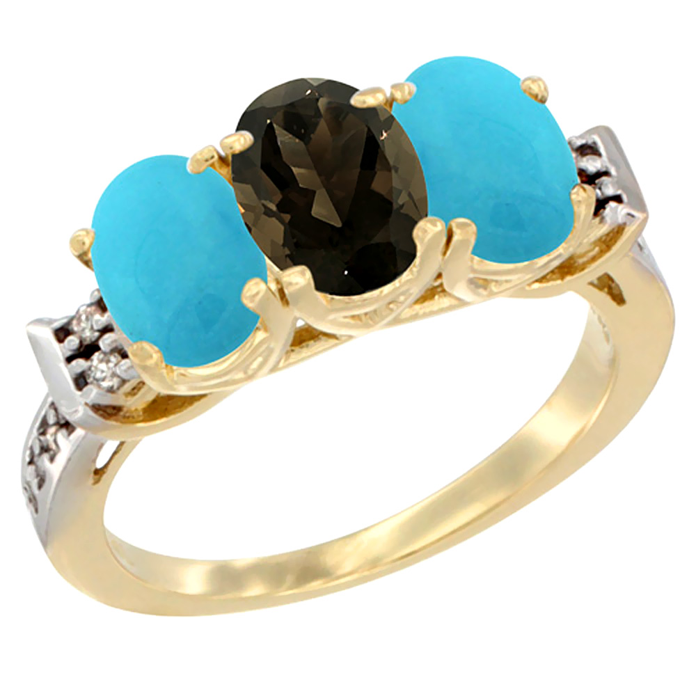 10K Yellow Gold Natural Smoky Topaz & Turquoise Sides Ring 3-Stone Oval 7x5 mm Diamond Accent, sizes 5 - 10