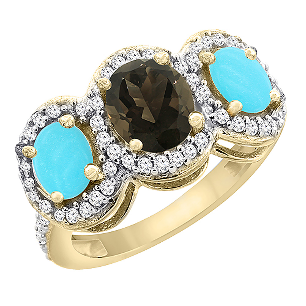 14K Yellow Gold Natural Smoky Topaz & Turquoise 3-Stone Ring Oval Diamond Accent, sizes 5 - 10