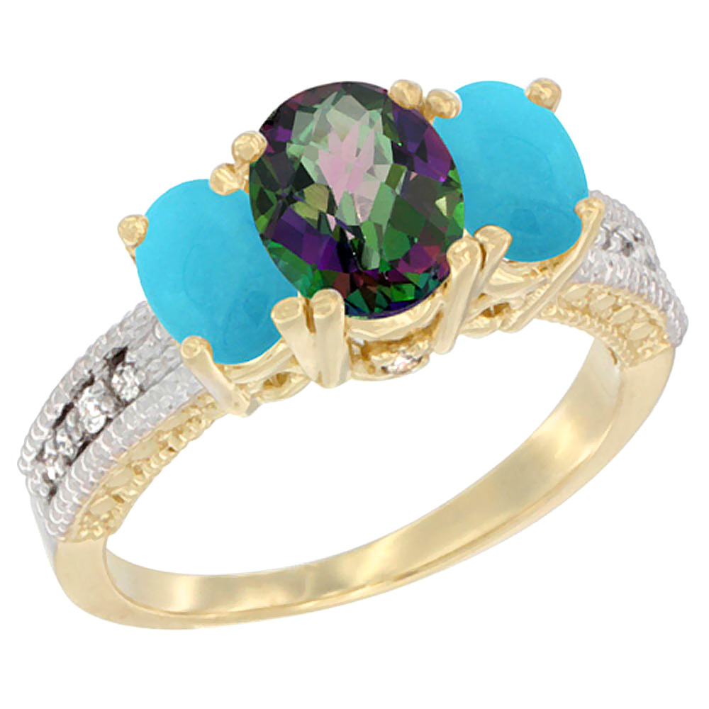 14K Yellow Gold Diamond Natural Mystic Topaz Ring Oval 3-stone with Turquoise, sizes 5 - 10