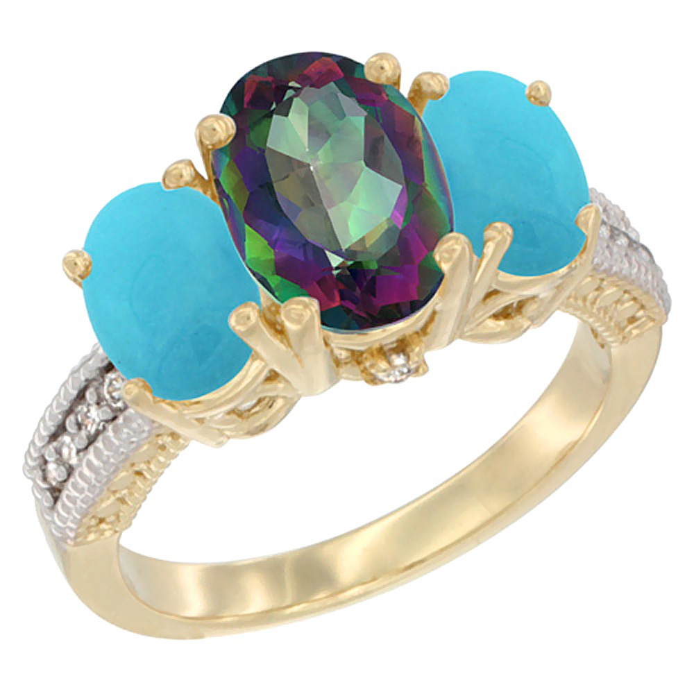 10K Yellow Gold Diamond Natural Mystic Topaz Ring 3-Stone Oval 8x6mm with Turquoise, sizes5-10
