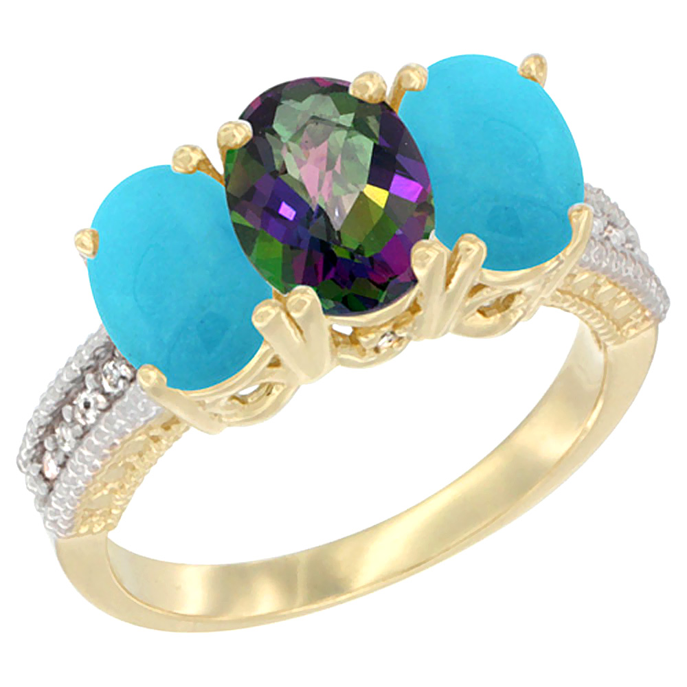 14K Yellow Gold Natural Mystic Topaz &amp; Turquoise Sides Ring 3-Stone 7x5 mm Oval Diamond Accent, sizes 5 - 10