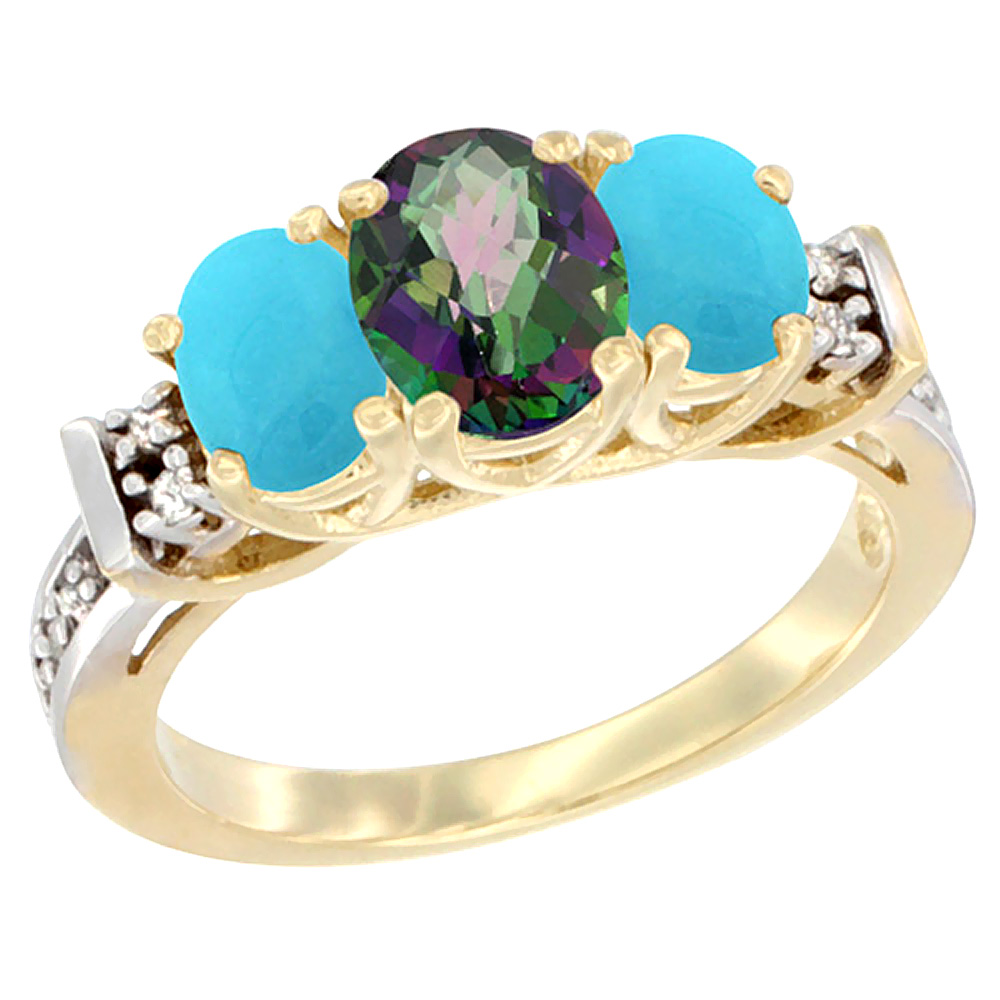 10K Yellow Gold Natural Mystic Topaz & Turquoise Ring 3-Stone Oval Diamond Accent