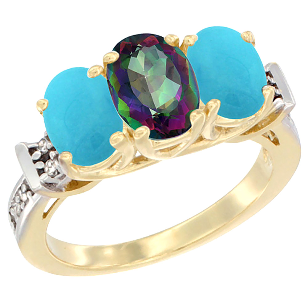 10K Yellow Gold Natural Mystic Topaz & Turquoise Sides Ring 3-Stone Oval Diamond Accent, sizes 5 - 10