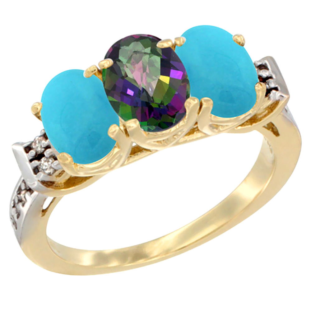 14K Yellow Gold Natural Mystic Topaz & Turquoise Sides Ring 3-Stone Oval 7x5 mm Diamond Accent, sizes 5 - 10