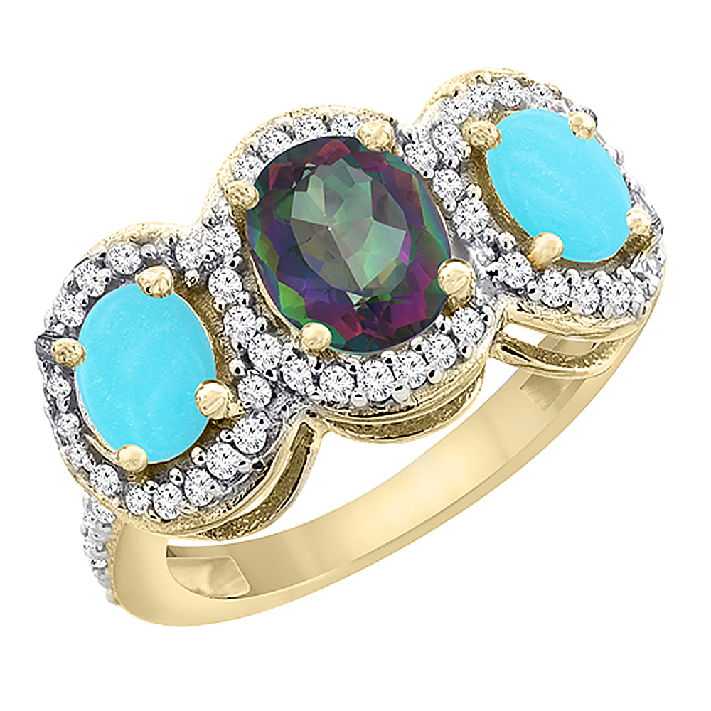 14K Yellow Gold Natural Mystic Topaz & Turquoise 3-Stone Ring Oval Diamond Accent, sizes 5 - 10