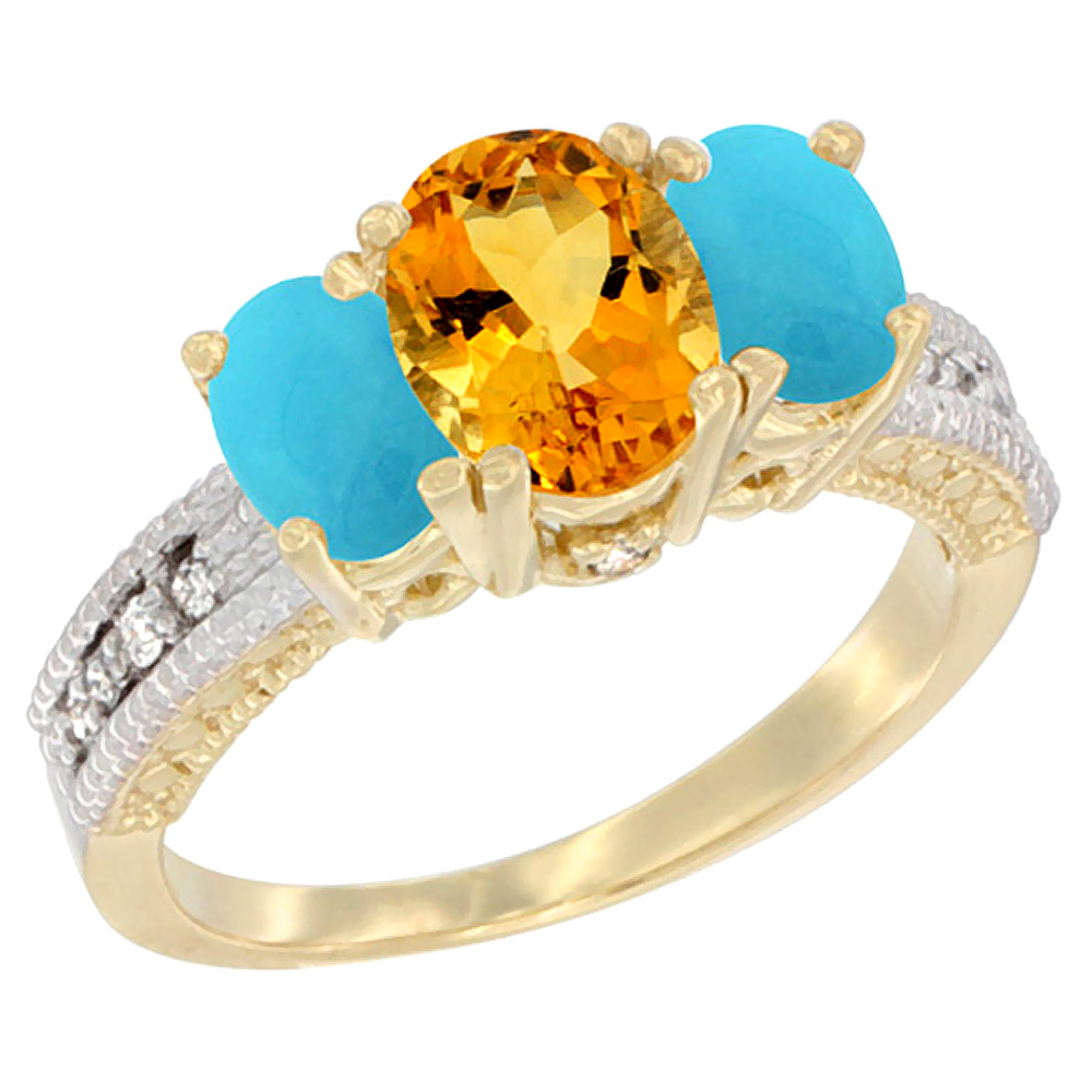 14K Yellow Gold Diamond Natural Citrine Ring Oval 3-stone with Turquoise, sizes 5 - 10