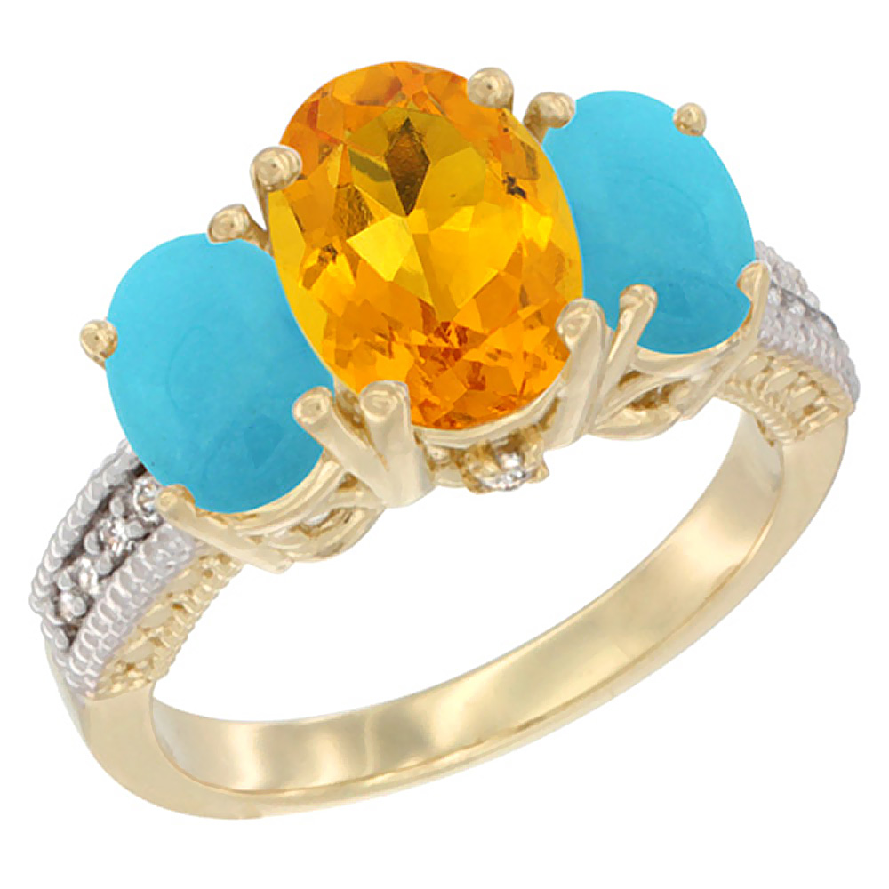 10K Yellow Gold Diamond Natural Citrine Ring 3-Stone Oval 8x6mm with Turquoise, sizes5-10