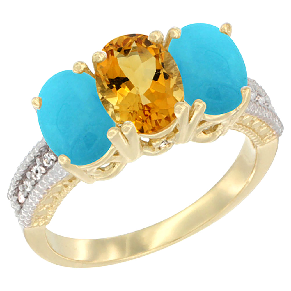 14K Yellow Gold Natural Citrine &amp; Turquoise Sides Ring 3-Stone 7x5 mm Oval Diamond Accent, sizes 5 - 10