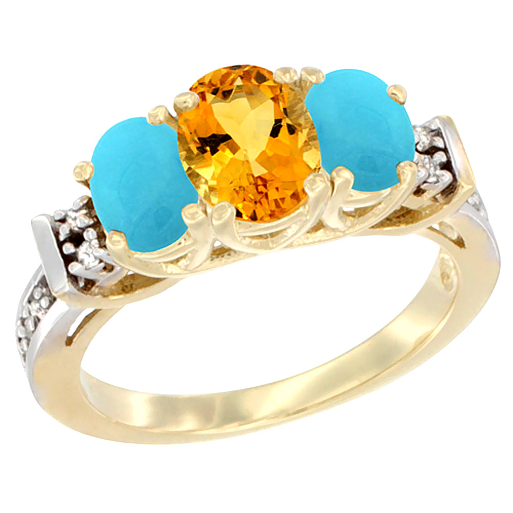 14K Yellow Gold Natural Citrine &amp; Turquoise Ring 3-Stone Oval Diamond Accent