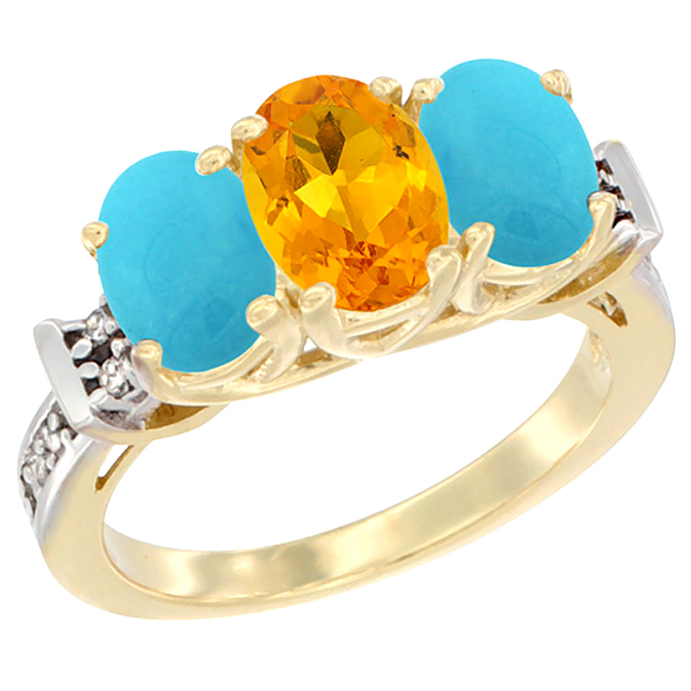 10K Yellow Gold Natural Citrine & Turquoise Sides Ring 3-Stone Oval Diamond Accent, sizes 5 - 10