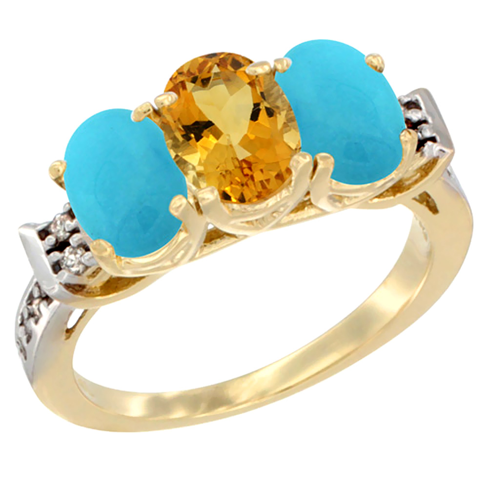 14K Yellow Gold Natural Citrine &amp; Turquoise Sides Ring 3-Stone Oval 7x5 mm Diamond Accent, sizes 5 - 10