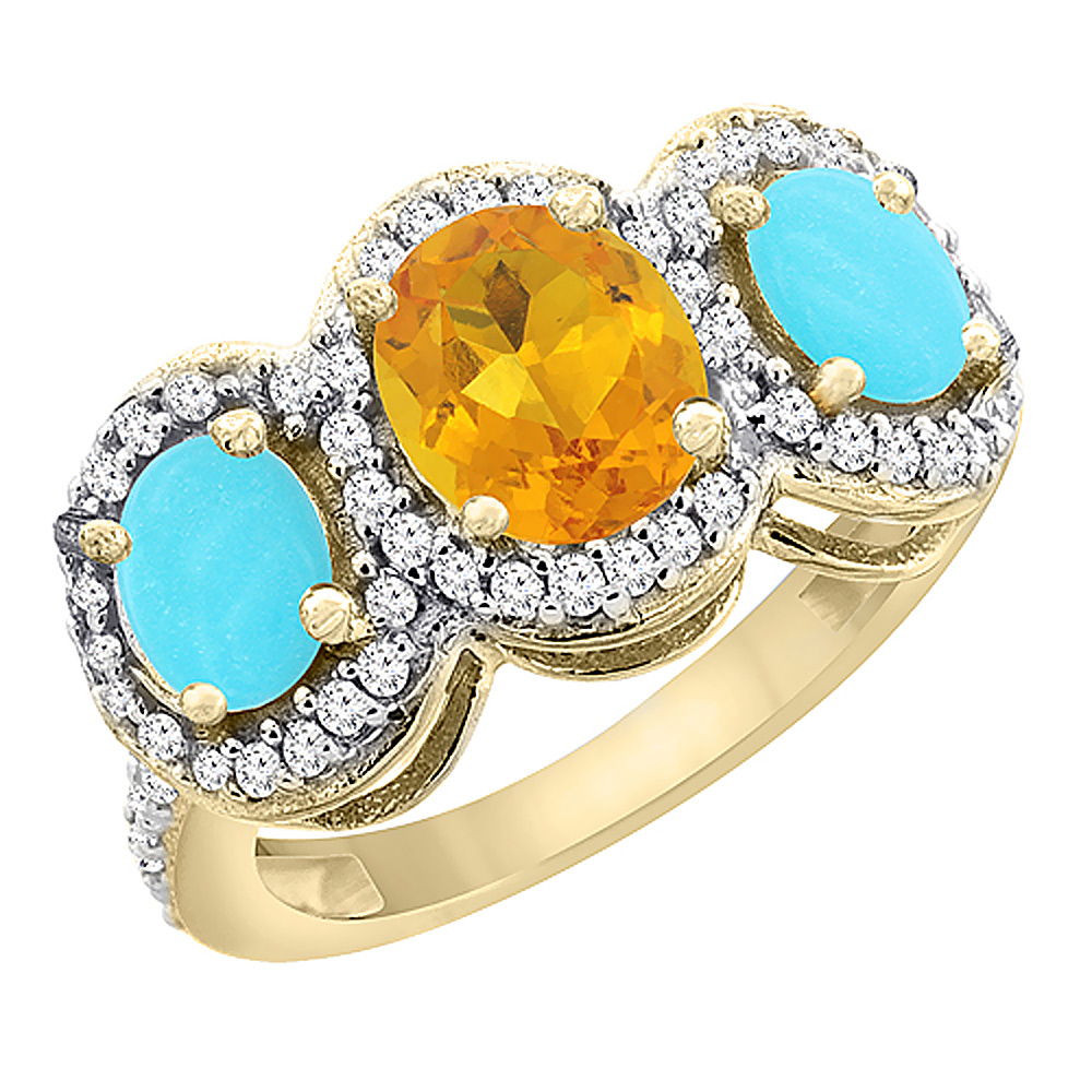 14K Yellow Gold Natural Citrine & Turquoise 3-Stone Ring Oval Diamond Accent, sizes 5 - 10