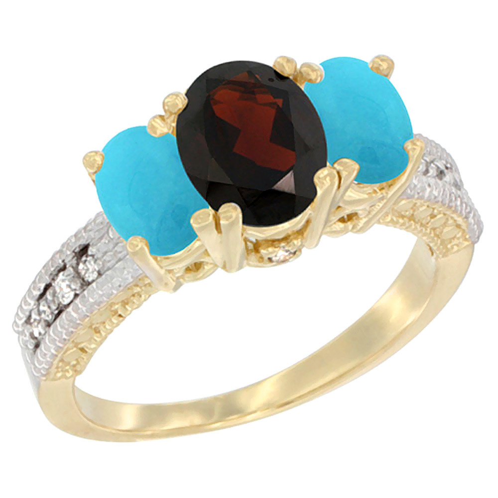 14K Yellow Gold Diamond Natural Garnet Ring Oval 3-stone with Turquoise, sizes 5 - 10