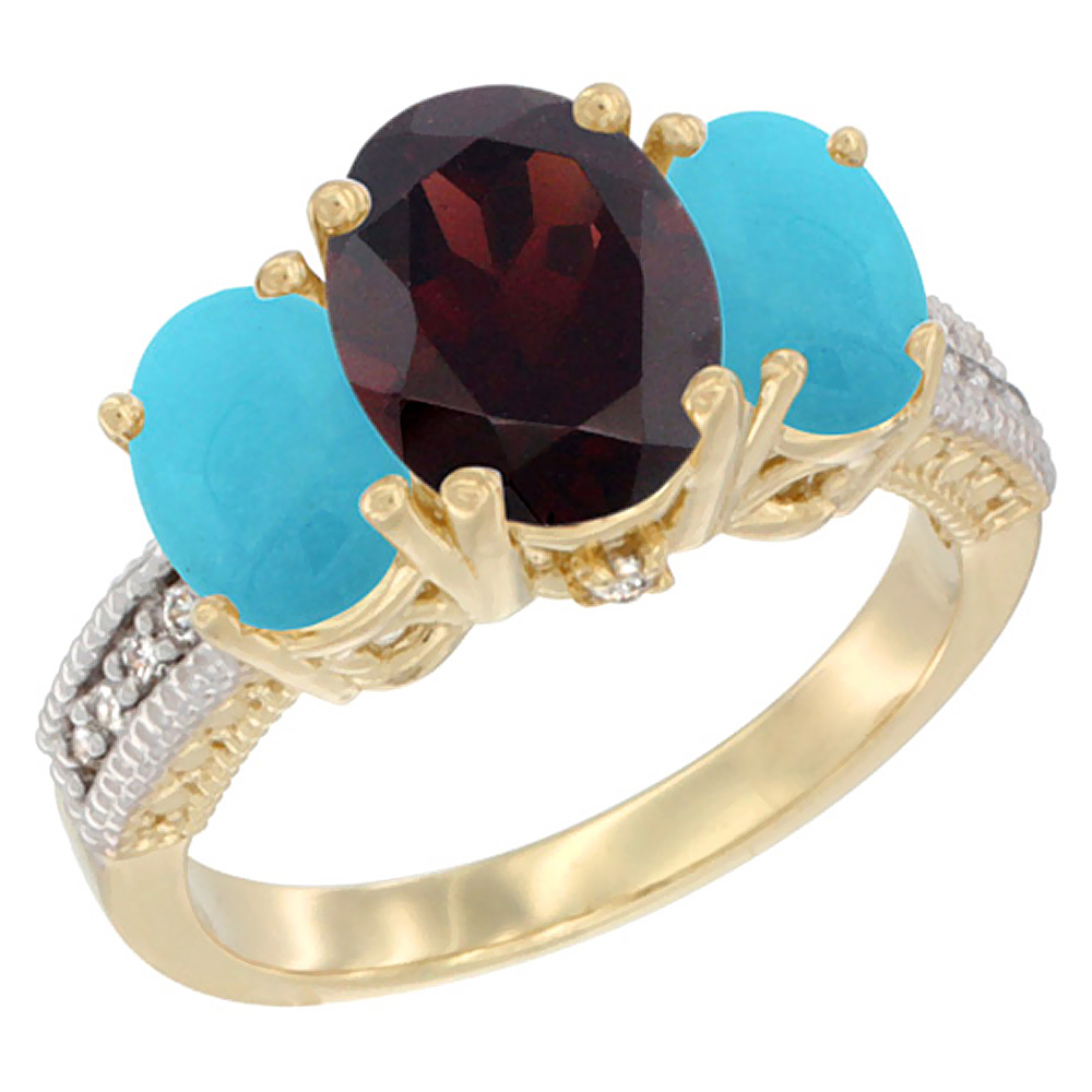 14K Yellow Gold Diamond Natural Garnet Ring 3-Stone Oval 8x6mm with Turquoise, sizes5-10
