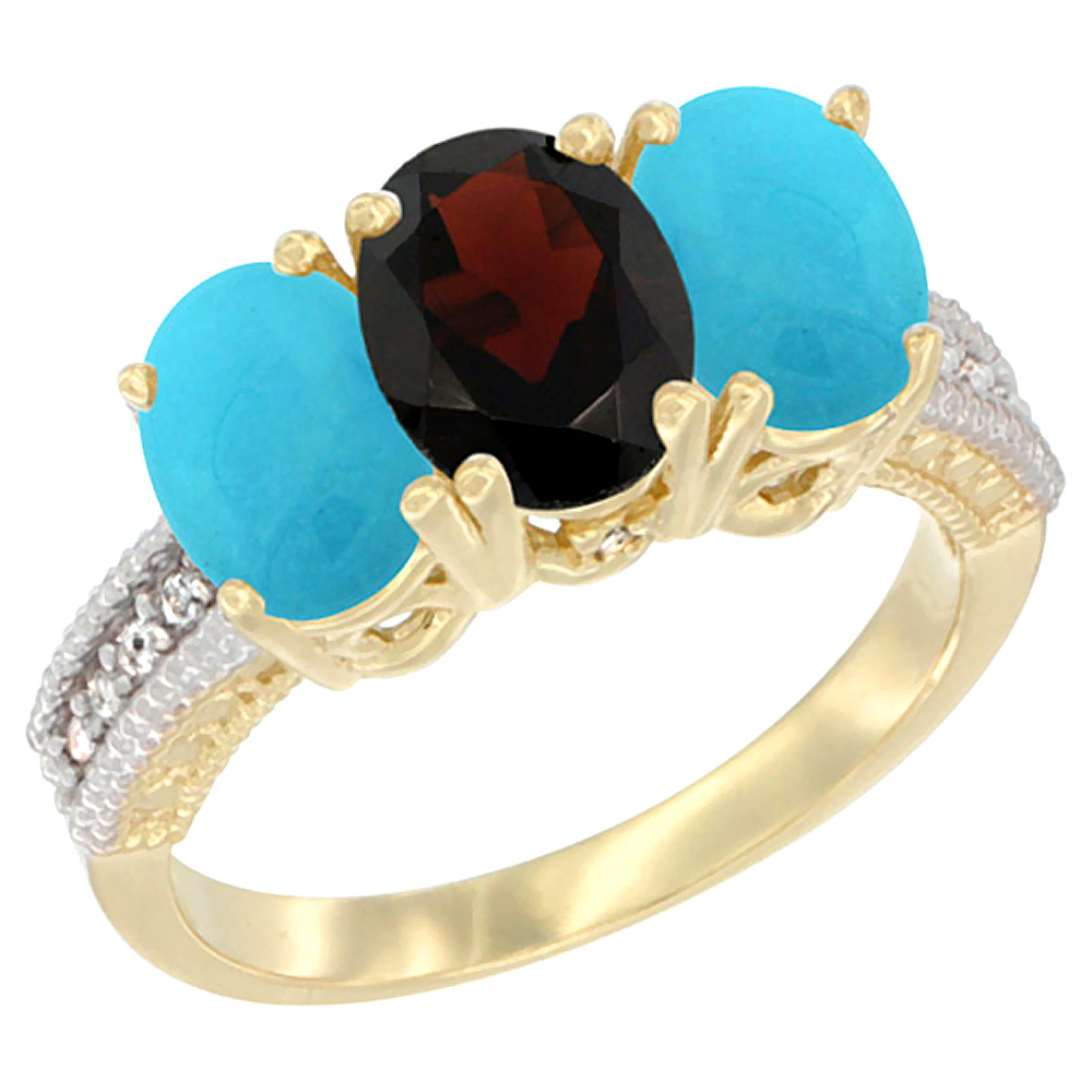 14K Yellow Gold Natural Garnet &amp; Turquoise Sides Ring 3-Stone 7x5 mm Oval Diamond Accent, sizes 5 - 10