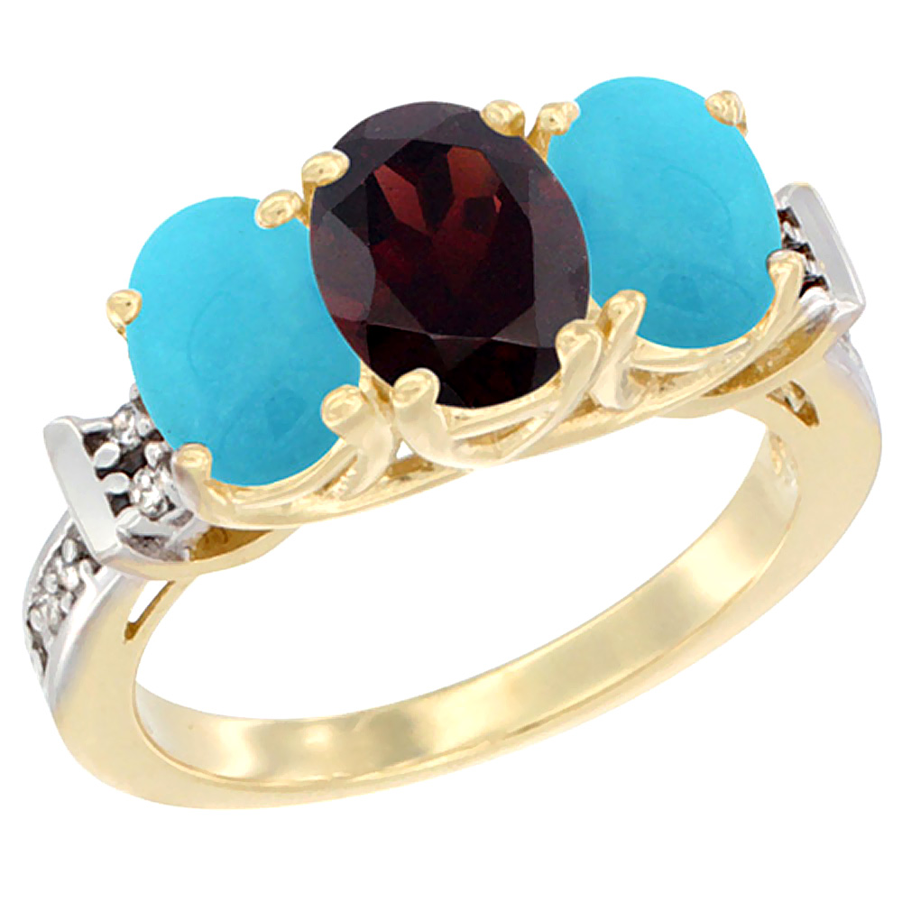 10K Yellow Gold Natural Garnet & Turquoise Sides Ring 3-Stone Oval Diamond Accent, sizes 5 - 10